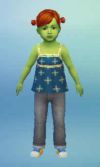 This is Cherish Marshall, the toddler daughter of Lyric Marshall. She has bright red hair in two ponytails, light green skin, and is wearing a blue tank top, grey jeans, and brightly coloured trainers.