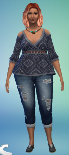 My current Sim, Lyric Marshall. She is a young woman with light brown skin and red hair with a blonde ombre effect, and is wearing a hippie shirt, ripped up jeans, a bright turquoise necklace, and a pair of trainers.