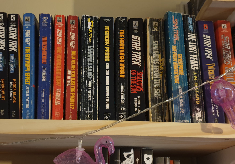 A collection of Star Trek novels on a bookshelf